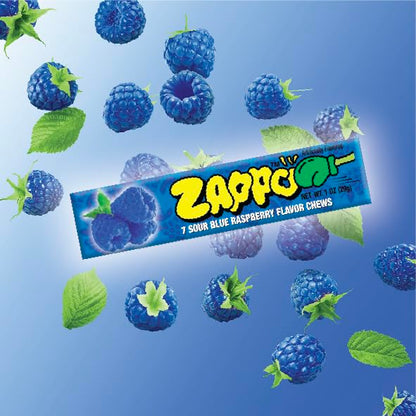 Zappo Sour Blue Raspberry Flavor Soft Sweet Fruit Chews Candies, 1 oz Individually Wrapped Snack Bars, 30 Count Tangy Party Treats