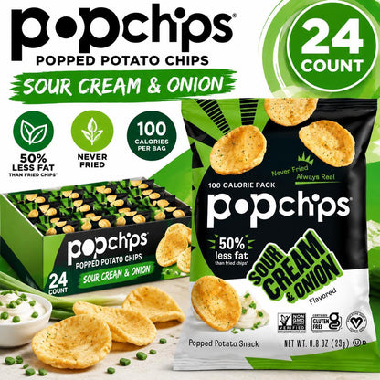Popchips Popped Potato Chips, Savory Sour Cream and Onion Flavor, 0.8 oz Snack Bags (24 Count), Light & Crunchy Ambient Temp Snacks