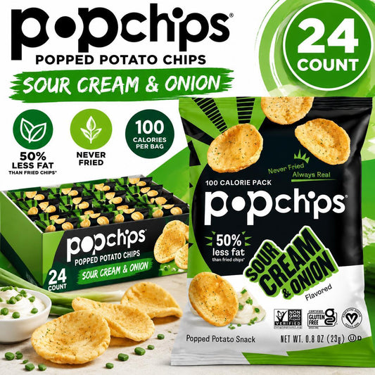 Popchips Popped Potato Chips, Savory Sour Cream and Onion Flavor, 0.8 oz Snack Bags (24 Count), Light & Crunchy Ambient Temp Snacks
