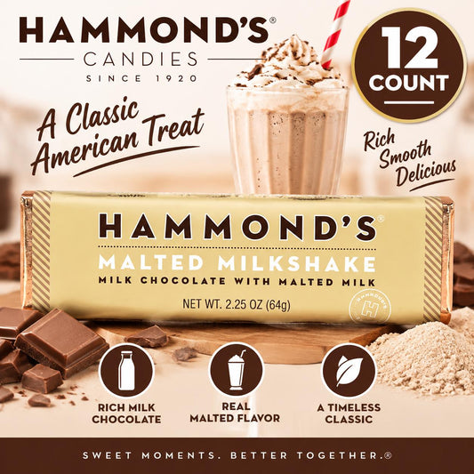 Hammonds Malted Milkshake Flavor Milk Chocolate Bar, 2.25oz, 12 Bars Chocolate Candy Snack Candies