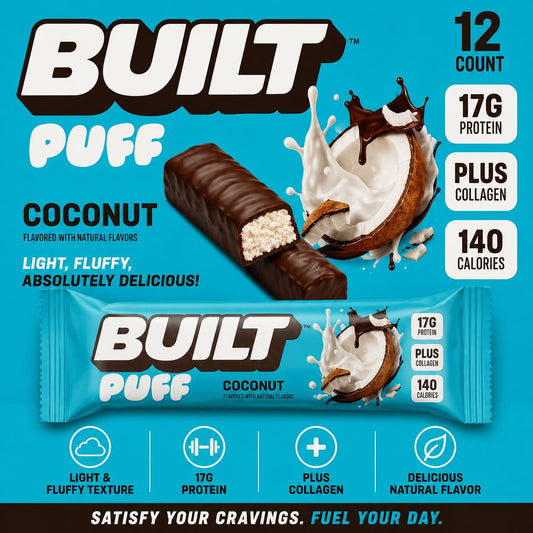 Chocolate Coconut Puff Protein Bars - Built Soft, Sweet, 1.41oz Each, 12-Count Snack Bars