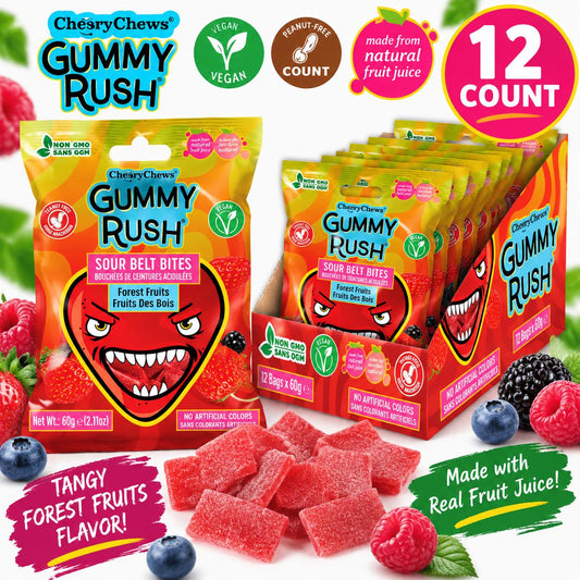INFIN8 Gummy Rush Mini Sour Belt Bites, Forest Fruits Flavor, 2.11 oz, 12 Pieces Sour Gummies Fruit & Chewy Candy