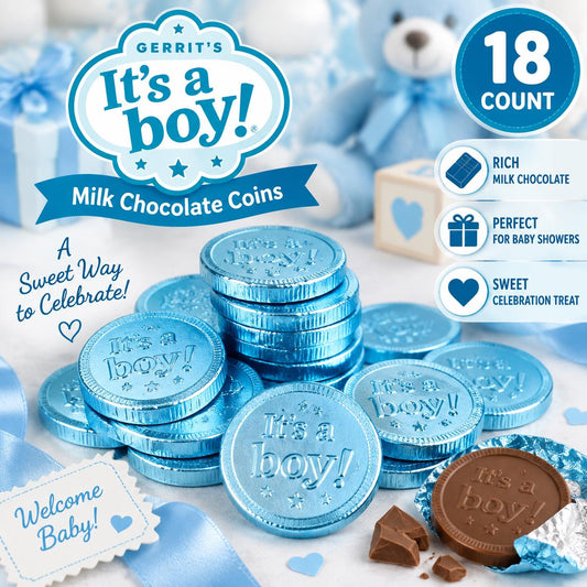 Gerrit It's a Boy Creamy Milk Chocolate Blue Coins, 1.5 oz, 18 Pieces Dessert Candies (Rich Flavor for Baby Shower Celebrations)