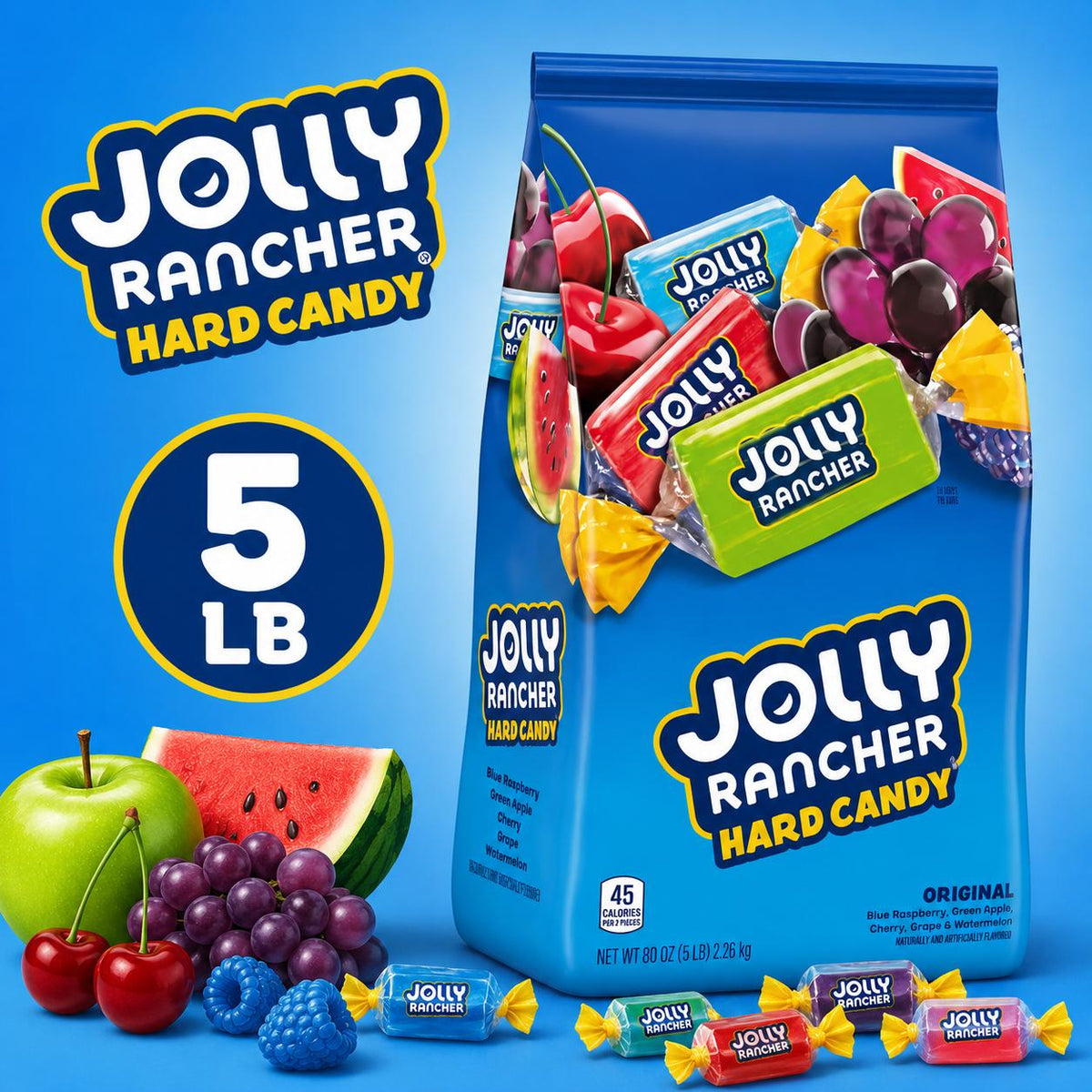 Jolly Rancher Original Hard Candies, 5 lb Bulk Large Bag - Assorted Fruit-Flavored, Individually Wrapped Sweet Snack with Watermelon Flavor | Candy Bowl, Party Uses