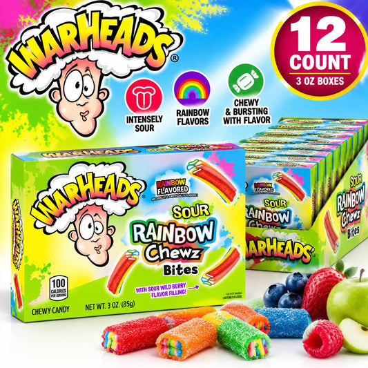Warheads Rainbow Sour Chewy Candy Chewz Bites 3 oz 12 Count Theater Box Sour Candy