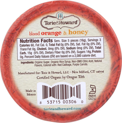 Torie and Howard Blood Orange Honey Hard Candy Tin Pack, 2 oz, 8 Pieces Premium Fruit Candy