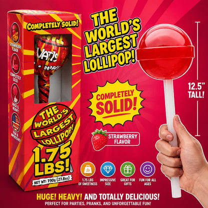 VAT19 World's Largest Solid Strawberry Lollipop - 1.75 lb, 12.5 Inch Pure Sugar Giant Candy Pop, Pure Sugar Candy