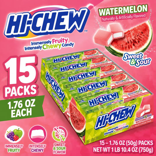 Hi-Chew Watermelon Sugar Candy, 1.76oz (15 Count), Soft & Chewy Japanese Favorite for Snacking & Sharing