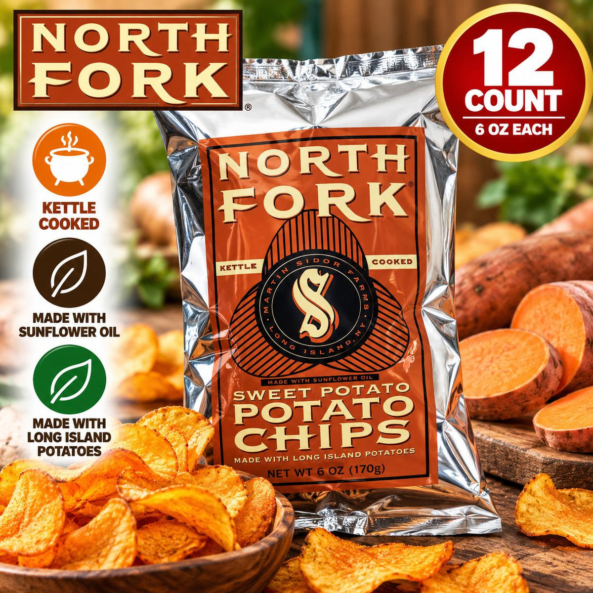 North Fork Kettle Cooked Sweet Potato Chips - 6 oz, 12 Count Crunchy Snack Food
