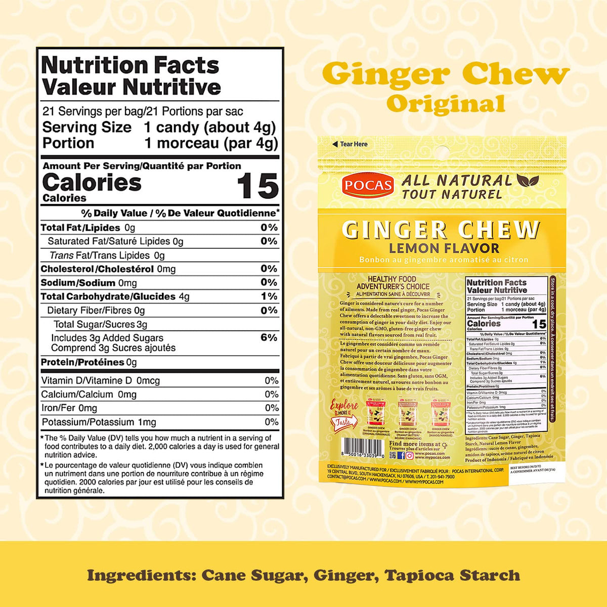Pocas Sugar-Sweetened Ginger Chews, Lemon Flavor Candy, 3 oz, 24-Count Box Chewy Treat