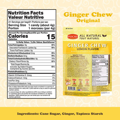 Pocas Sugar-Sweetened Ginger Chews, Lemon Flavor Candy, 3 oz, 24-Count Box Chewy Treat