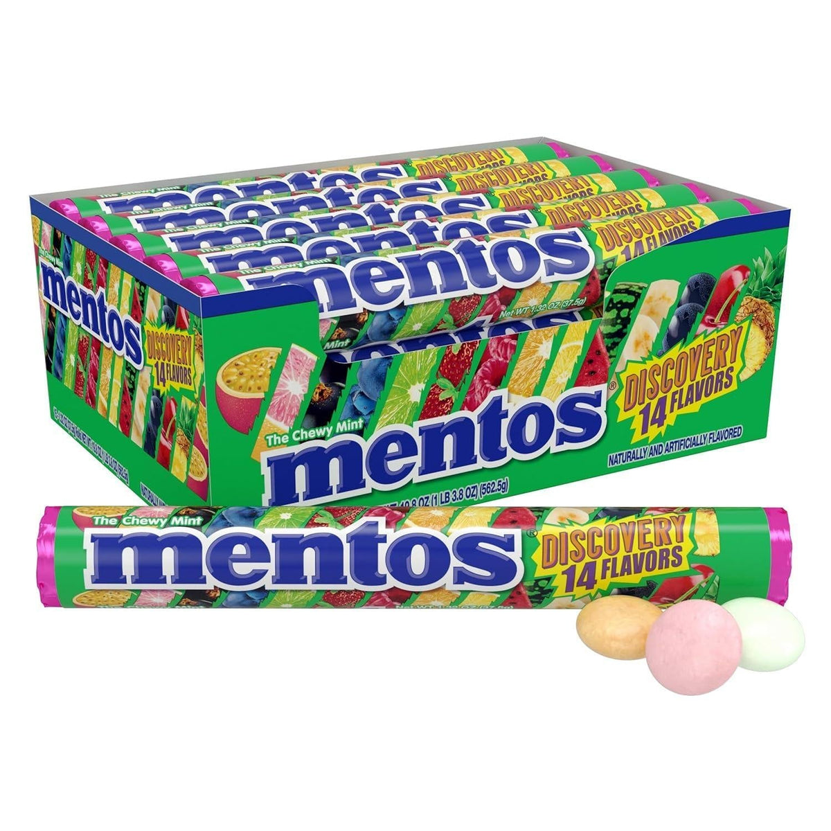 Mentos Discovery 14 Flavor Fruit Chew Candy Roll 15ct Tray