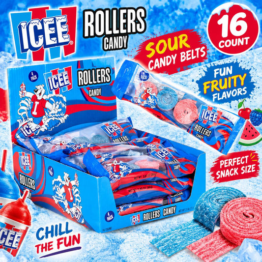 Icee Roller Candy Sour Belts, 4-Pack Sugar Base Sweet & Sour Chewy Candy Strips