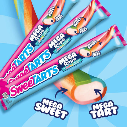 SweeTARTS Mega Ropes Twisted Rainbow Punch Soft Tangy Fruity Chewy Candies, 1.32oz, 24-Count Snack Pack