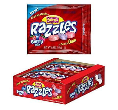 Razzles Assorted Berry Mix Sugar-Based Chewy Sweet Candy-Gum, 1.6oz, 24 Pieces - Retro Fruity Treats for Parties & Snacking (Turns Into Gum)