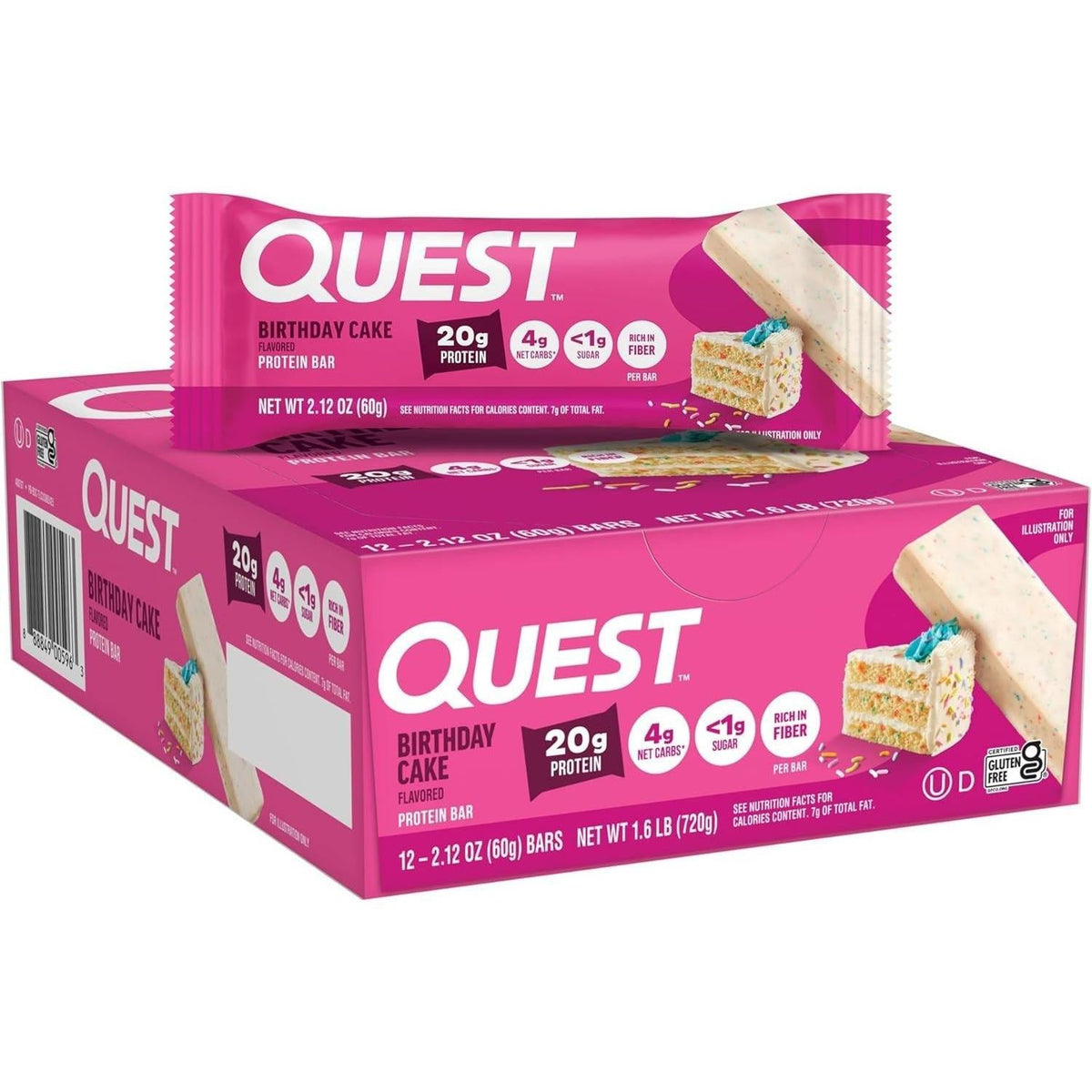Quest Protein Bar - Sweet Birthday Cake Flavor, Contains Chocolate, 2.12 oz Each, 12-Count Box, High Protein Dessert-Inspired Snack Bars