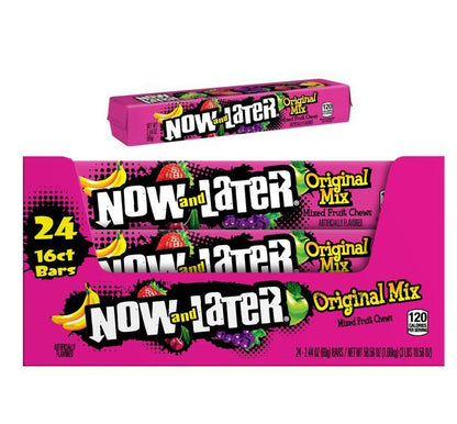 Now & Later Original Mixed Fruits Chewy Candies, 2.44oz Tray Box, 24 Individually Wrapped Classic Sweet Snack Bars, Candy in Bulk