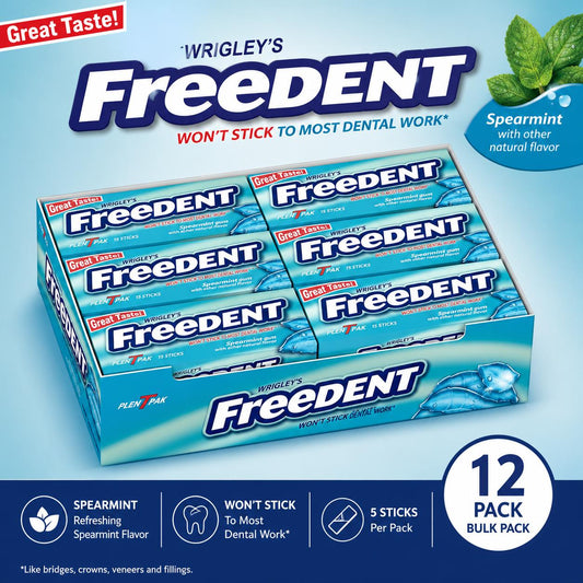 WRIGLEY'S FREEDENT Spearmint Flavor Sugar-Free Chewing Gum Snacks, 5-Stick Gum Packs (12-Pack Bulk Set)
