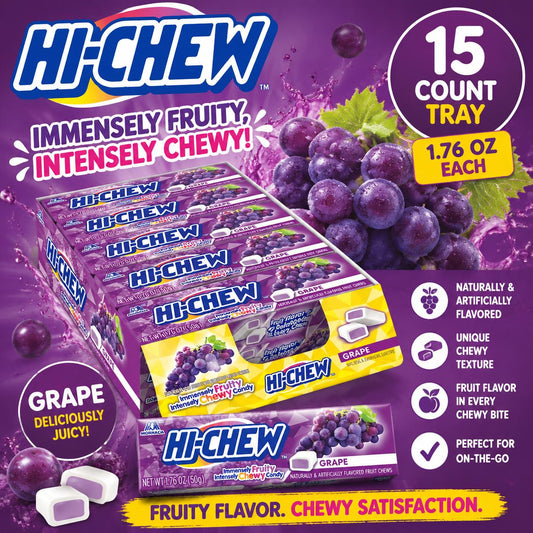 Hi-Chew Grape Flavor Fruit Candy, 1.76oz 15-Count Tray Pack - Soft & Chewy, Sugar-Made, Japanese Favorite for Snacking, Single Serving Fruit & Chewy Treats