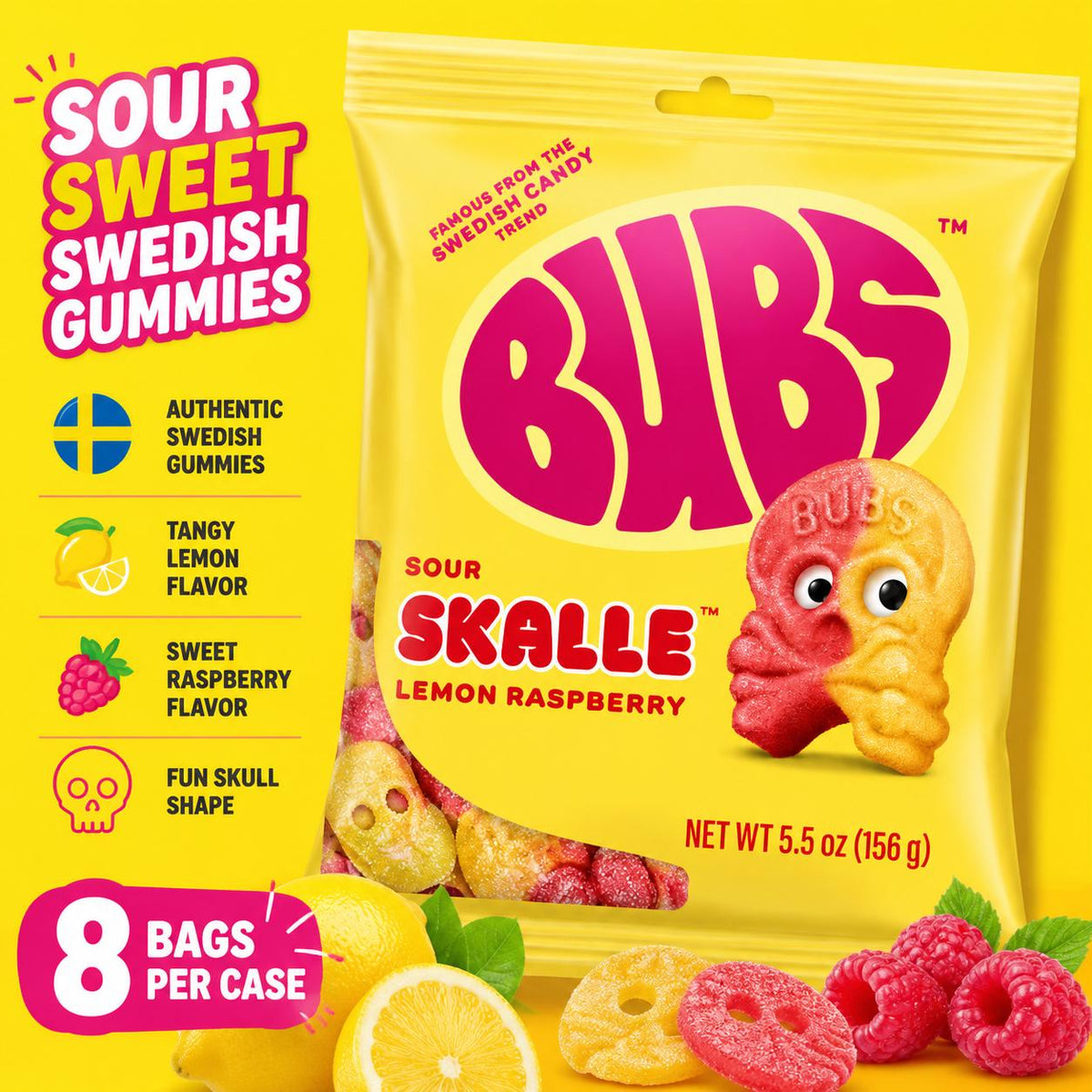 BUBS Sour Skalle Skull Lemon Raspberry Swedish Gummies - 5.5oz, 8 Bags, Soft Chewy Sugar Candies, Sweet & Sour Snack