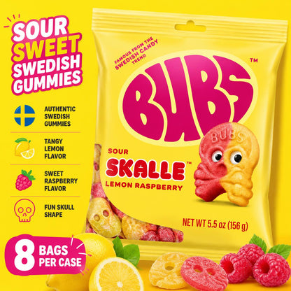BUBS Sour Skalle Skull Lemon Raspberry Swedish Gummies - 5.5oz, 8 Bags, Soft Chewy Sugar Candies, Sweet & Sour Snack