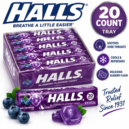 Halls Blueberry Cough Drops 20 Count Tray Import Blueberry Flavored Throat Drops