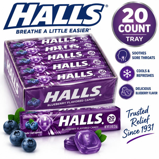 Halls Blueberry Cough Drops 20 Count Tray Import Blueberry Flavored Throat Drops