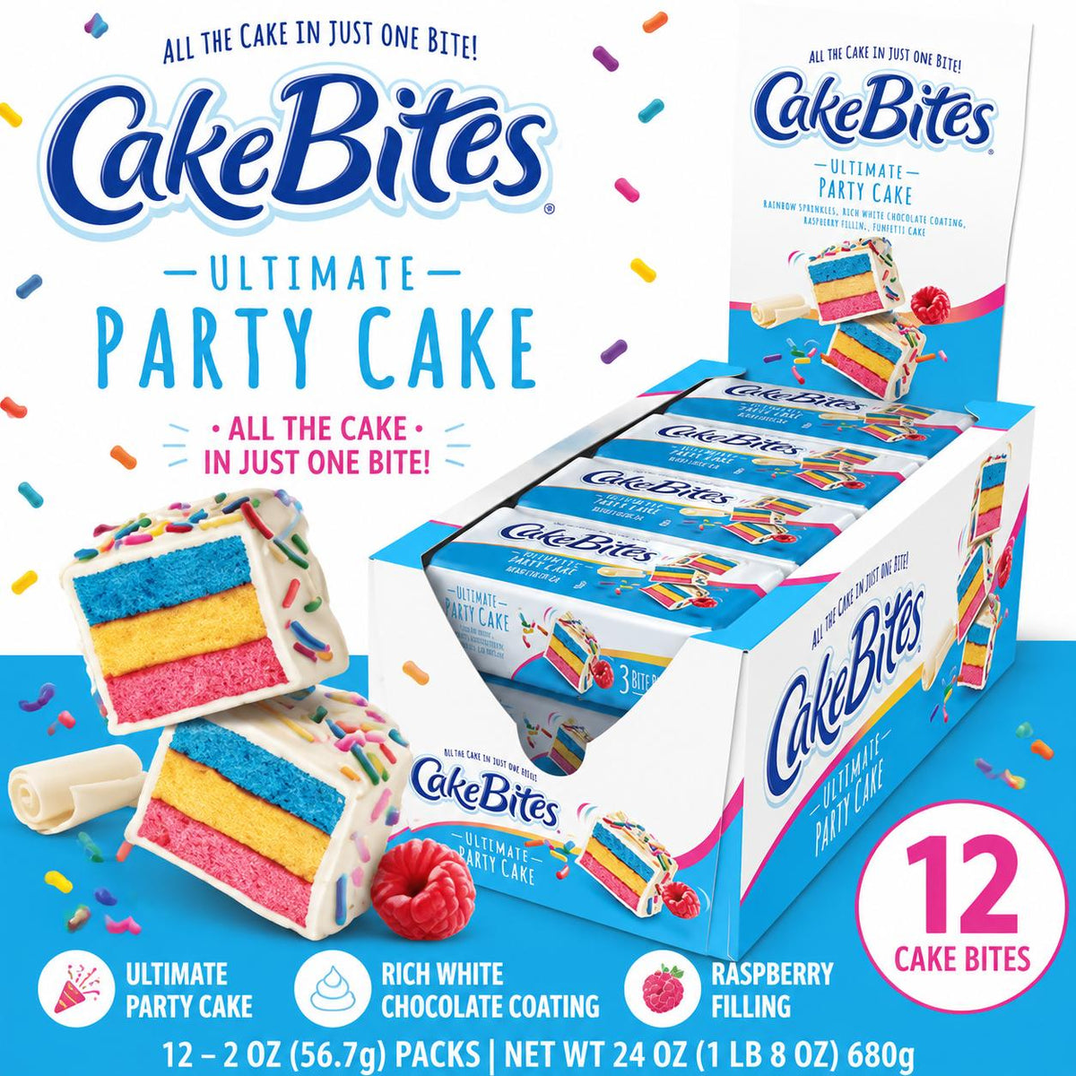 Cakebites Ultimate Party Mini Layer Cake Bites - Frosted, 2oz, 12 Count, Flavorful Sweet Dessert Snacks, Ambient Storage, for Parties & Daily Snacking, Flavor