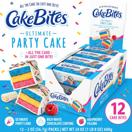 Cakebites Ultimate Party Mini Layer Cake Bites - Frosted, 2oz, 12 Count, Flavorful Sweet Dessert Snacks, Ambient Storage, for Parties & Daily Snacking, Flavor