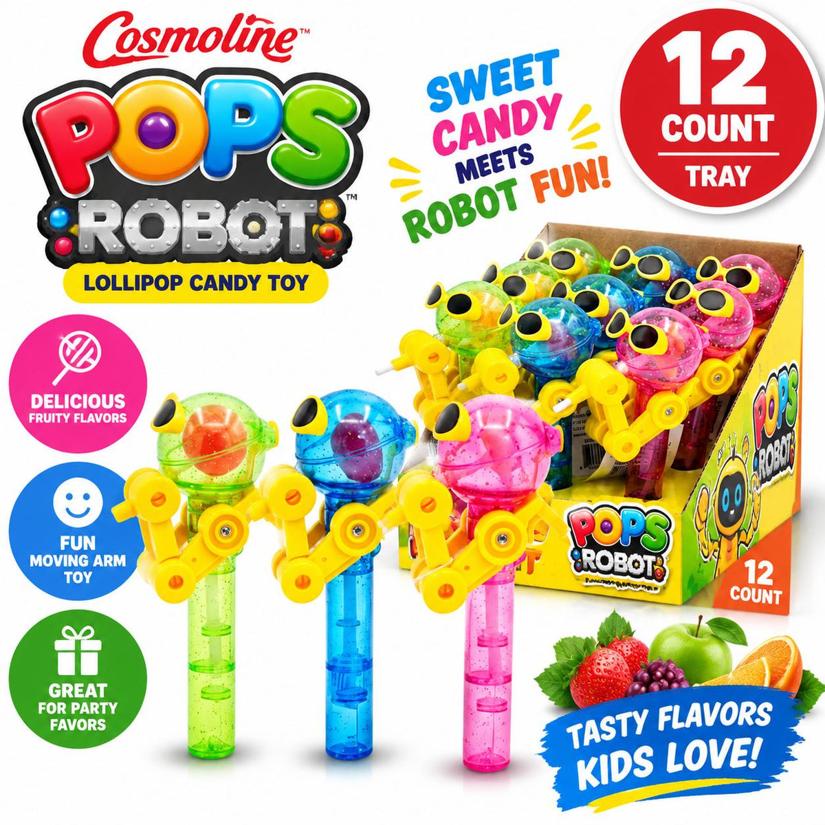 Cosmoline Pops Robot Lollipop Hard Candy Toy - Sugar-Based Sweet Snack Candies, 3.36 oz 12-Count Tray Pack Novelty Pops