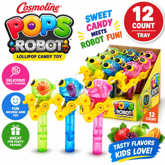 Cosmoline Pops Robot Lollipop Hard Candy Toy - Sugar-Based Sweet Snack Candies, 3.36 oz 12-Count Tray Pack Novelty Pops