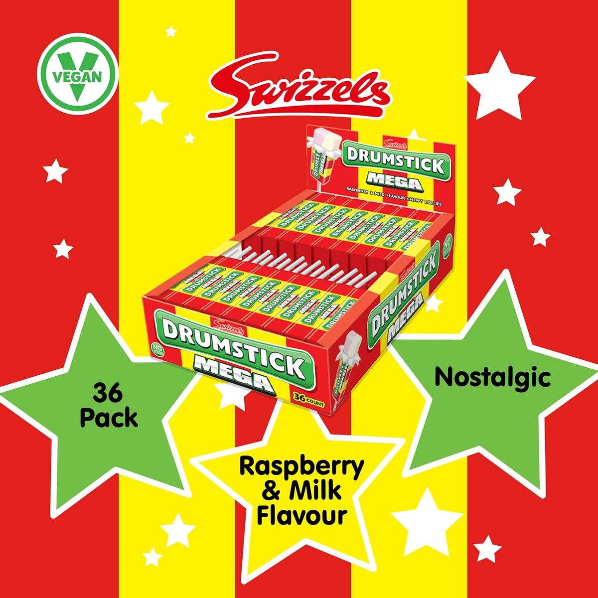 Swizzels UK Import Mega Drumstick Lollipop Chewy Candy, 28g, 36 Pieces Box Pack, Strawberry Raspberry Flavor, Made with Sugar