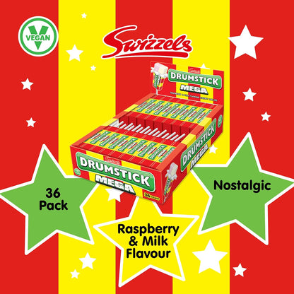 Swizzels UK Import Mega Drumstick Lollipop Chewy Candy, 28g, 36 Pieces Box Pack, Strawberry Raspberry Flavor, Made with Sugar