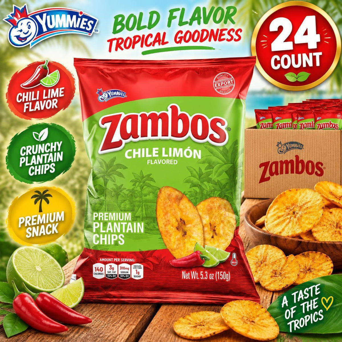 Yummies Zambos Plantain Chips - Picositas Chili Lime, 5.3oz, 24 Count Spicy Snack Chips, Candy