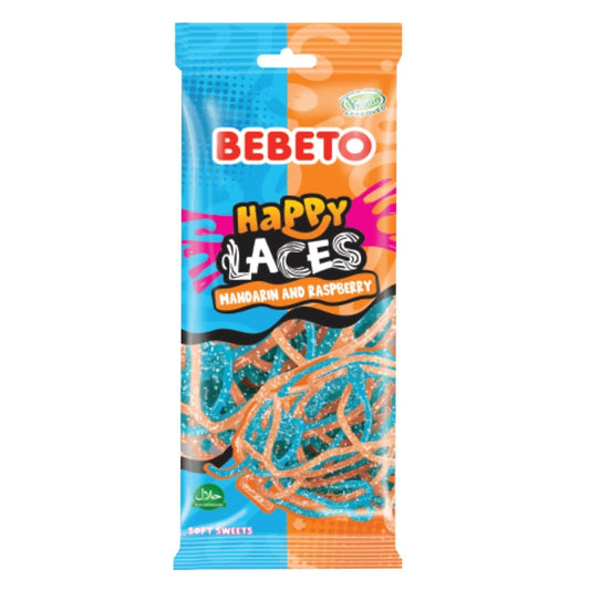 Bebeto Import Happy Laces Soft Sweets - Mandarin Raspberry Flavor, Sugar-Based Food and Snacks, 2.65oz, 12 Pieces Tray Pack