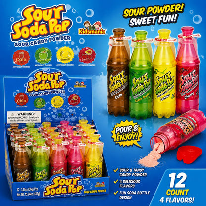 Kidsmania Sour Soda Pop Sugar-Based Candy Powder, 4-Flavor Cola Bottle Packs, 12 Pieces Novelty Sour Snack