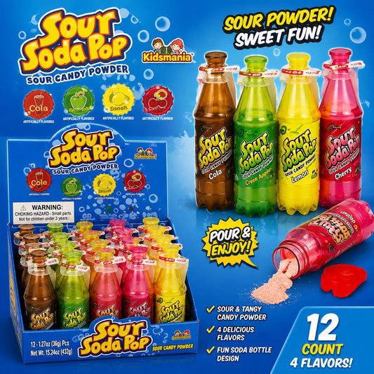 Kidsmania Sour Soda Pop Sugar-Based Candy Powder, 4-Flavor Cola Bottle Packs, 12 Pieces Novelty Sour Snack