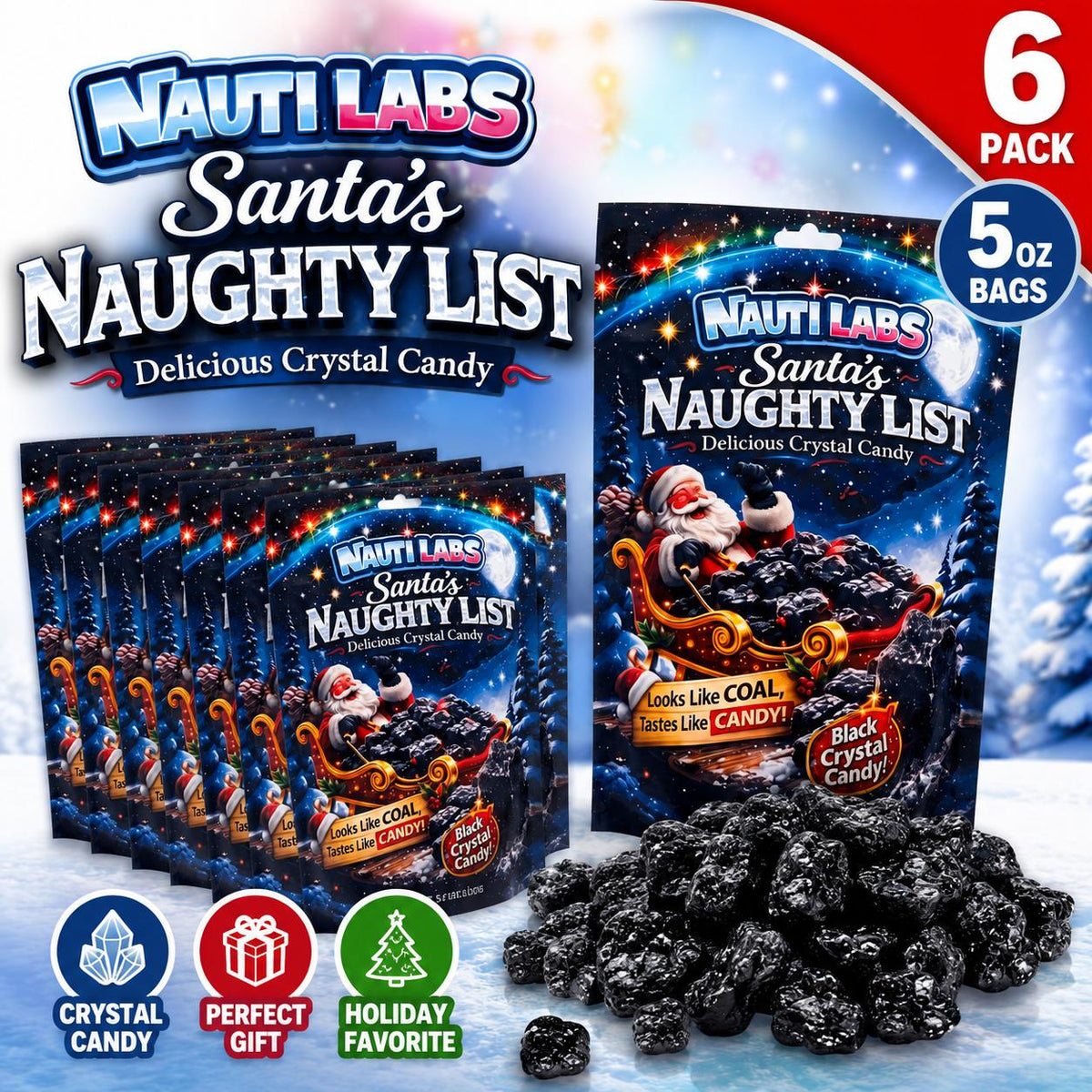 Nauti Labs Santa's Naughty List Crystal Candy, 5oz, 6-Pack Christmas Snack Treat, Six Packs