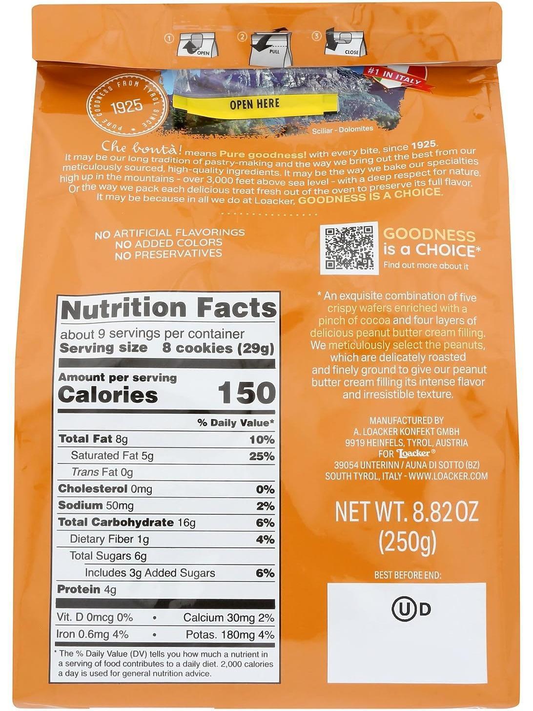 Loacker Quadratini (Square) Peanut Butter Wafer Cookies, 8.84 oz, 6-Count Bite-Size Italian Wafer Snack