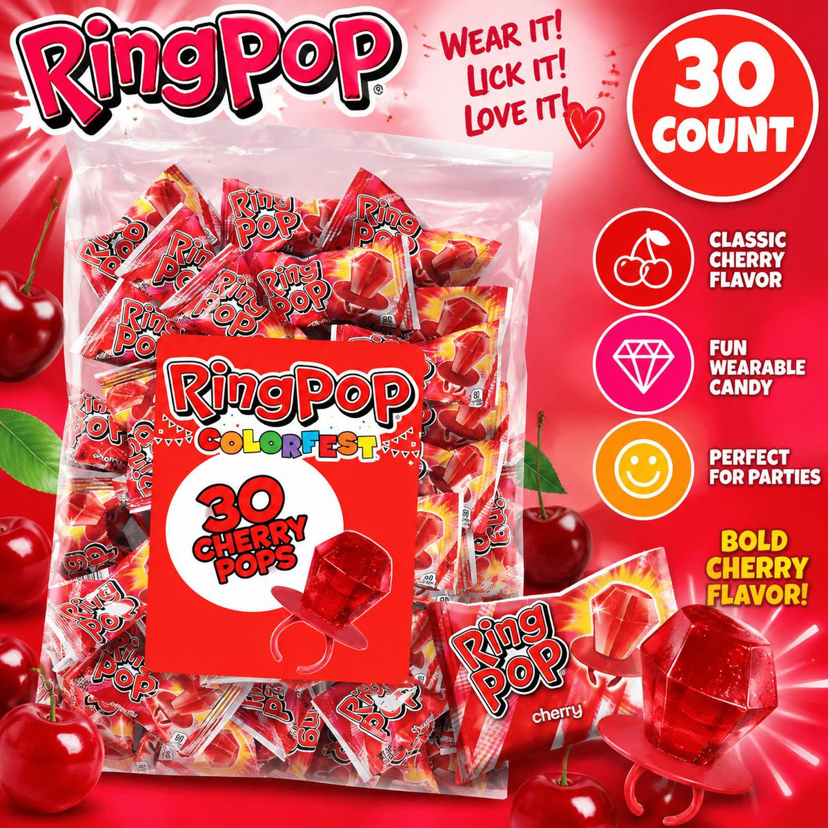 Ring Pop All Cherry Red Flavor Wearable Lollipop Candy, 30-Count Sweet Snack Candies for Birthday Celebrations