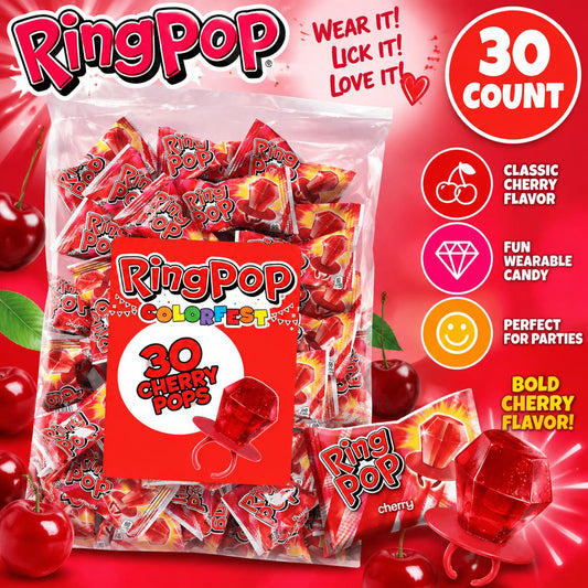 Ring Pop All Cherry Red Flavor Wearable Lollipop Candy, 30-Count Sweet Snack Candies for Birthday Celebrations