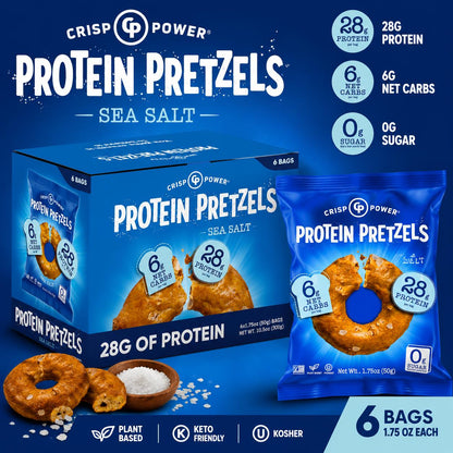 Crispy High-Protein Pretzel Snacks, Savory Sea Salt Flavor, 1.75oz, 6 Bags