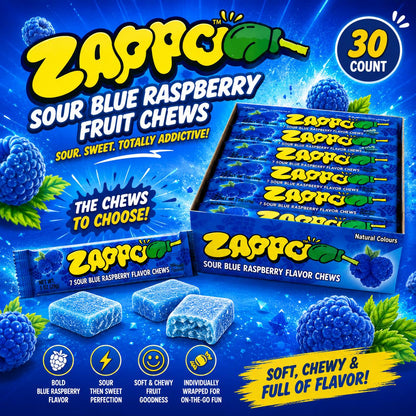 Zappo Sour Blue Raspberry Flavor Soft Sweet Fruit Chews Candies, 1 oz Individually Wrapped Snack Bars, 30 Count Tangy Party Treats
