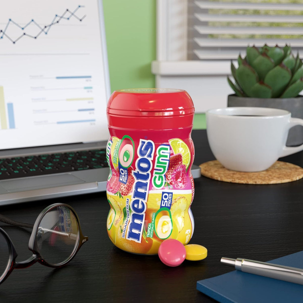 Mentos Gum Red Fruit Lime 10 Count Bottles 15 Pieces Each Fruity Chewing Gum Tray