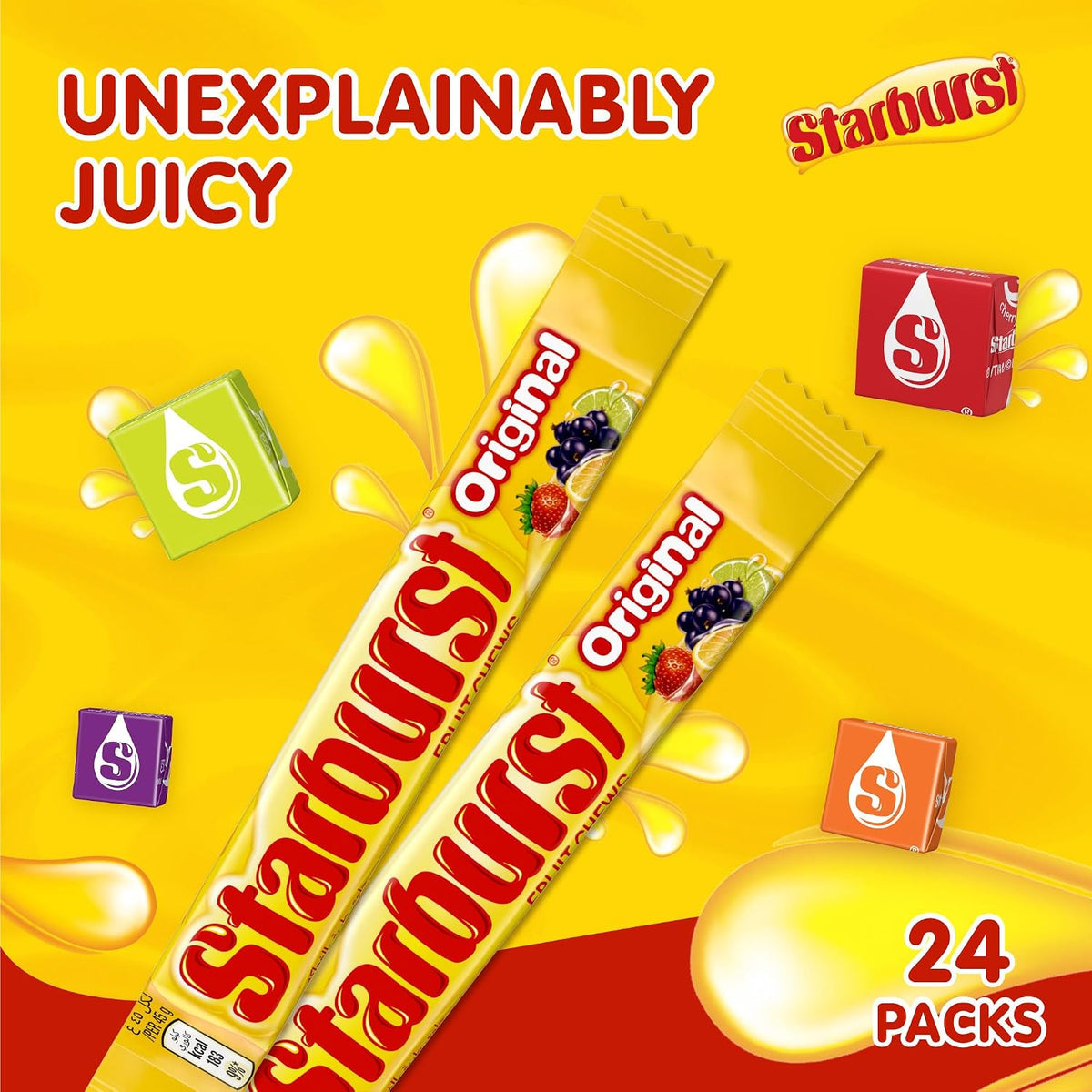Starburst UK Import Original Fruit Chews - 45g, 24-Count Bursting Juice Playful Fruit & Chewy Candy Bars - Imported Snacks for Parties, Gifting