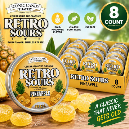 Retro Sours Pineapple Hard Candy, 2.12oz Tray Pack with 8 Individual Pkgs, Sweet and Sour Fruit Candies, Snack