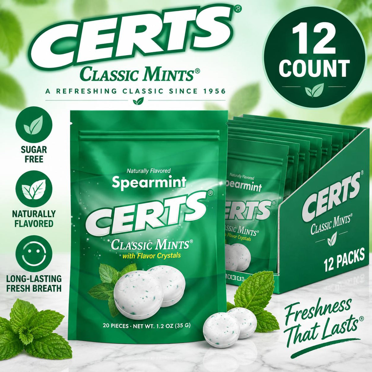 Certs Spearmint Sugar-Free Mints, 20pcs/bag, 12-Count Tray, Classic Candy Snacks