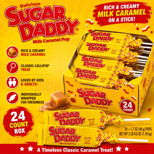 Sugar Daddy Milk Caramel Lollipops, 1.7oz 24-Count Boxed Set Classic Candy Treats