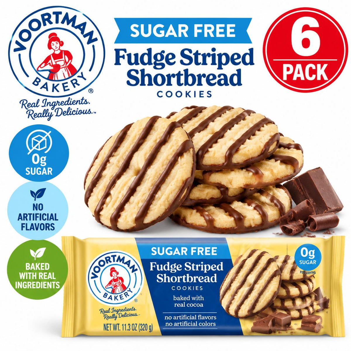 Voortman Sugar-Free Fudge Striped Shortbread Cookies, 11.3 oz Chocolate-Coated Snack Biscuits, 6-Pack, 6 Packs