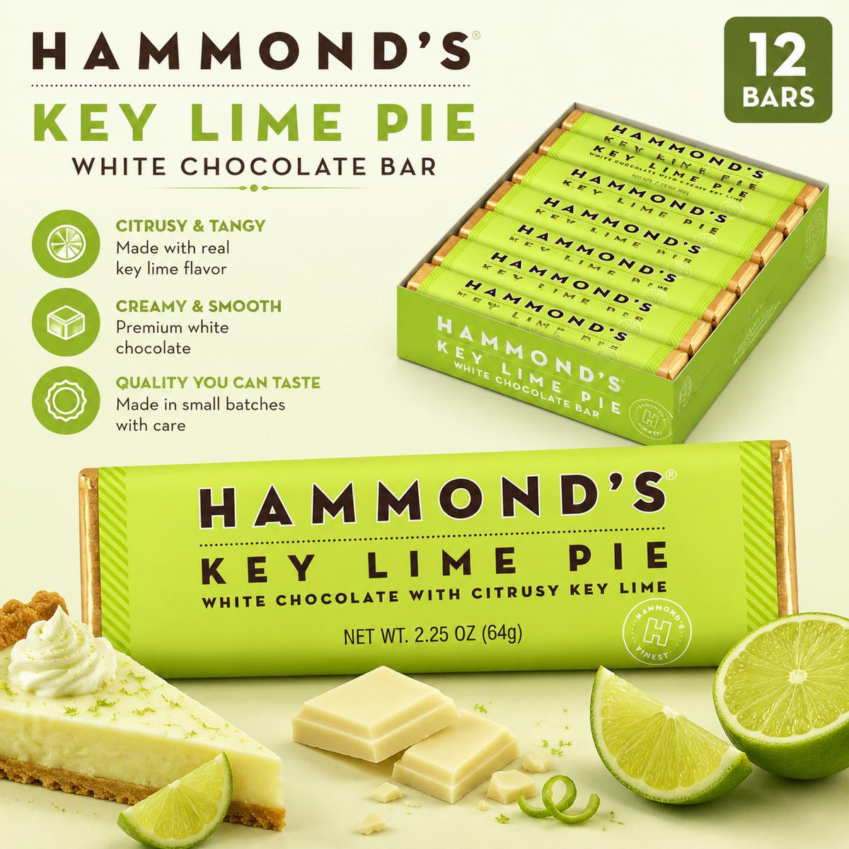 Hammonds Key Lime Pie White Chocolate Bar 2.25 oz 12 Count Lime Dessert Chocolate Candy